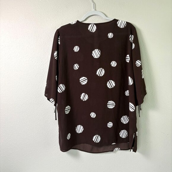 Chicos Top Womens 2 Us L Brown White Circles Geometric Slit Tie Sleeve 1/4 Zip - Picture 3 of 13